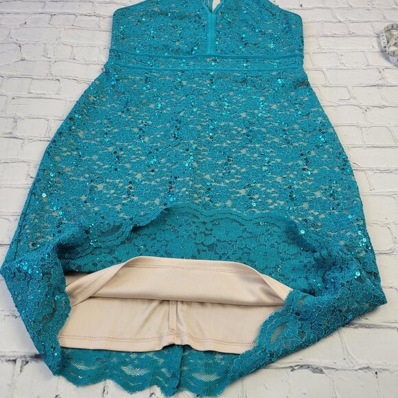 NWOT NIGHT WAY teal Floral Lace Sheath Mini Dress Women Size 10 - Picture 9 of 12